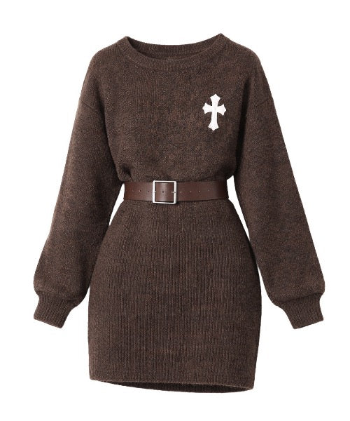 Waist Belt Cross Mini Knit Dress / ウエストベルトクロスミニワンピース