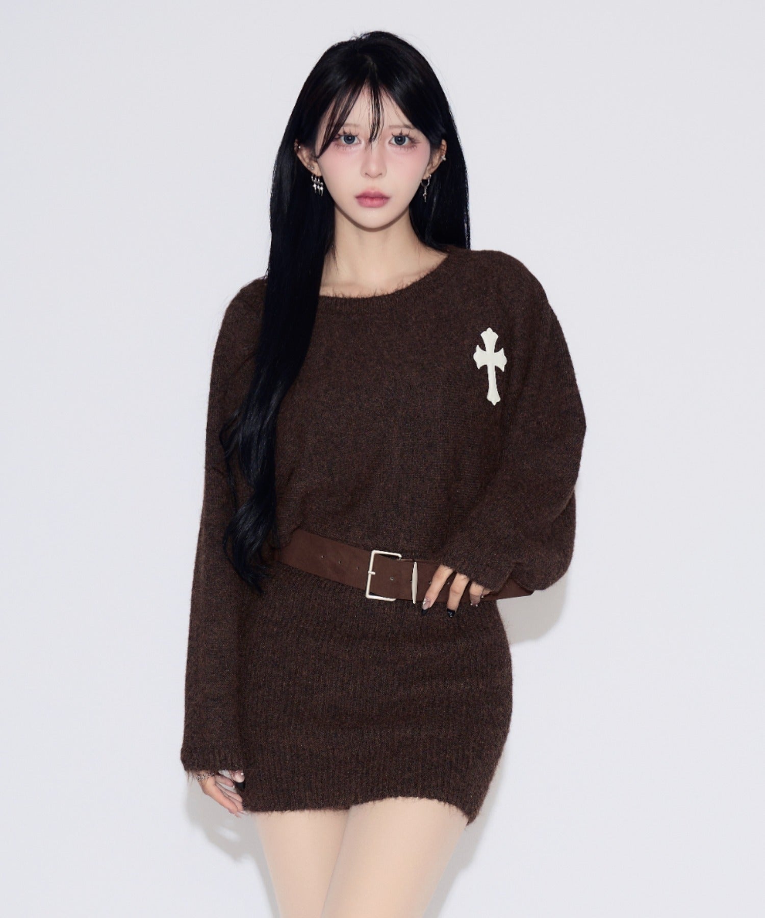 Waist Belt Cross Mini Knit Dress / ウエストベルトクロスミニワンピース