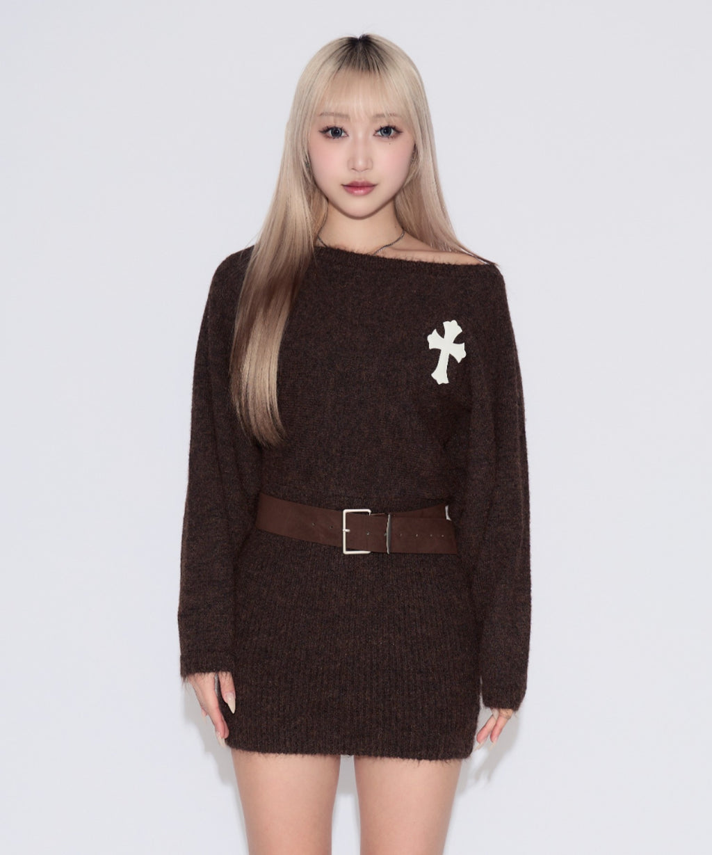 Waist Belt Cross Mini Knit Dress / ウエストベルトクロスミニワンピース