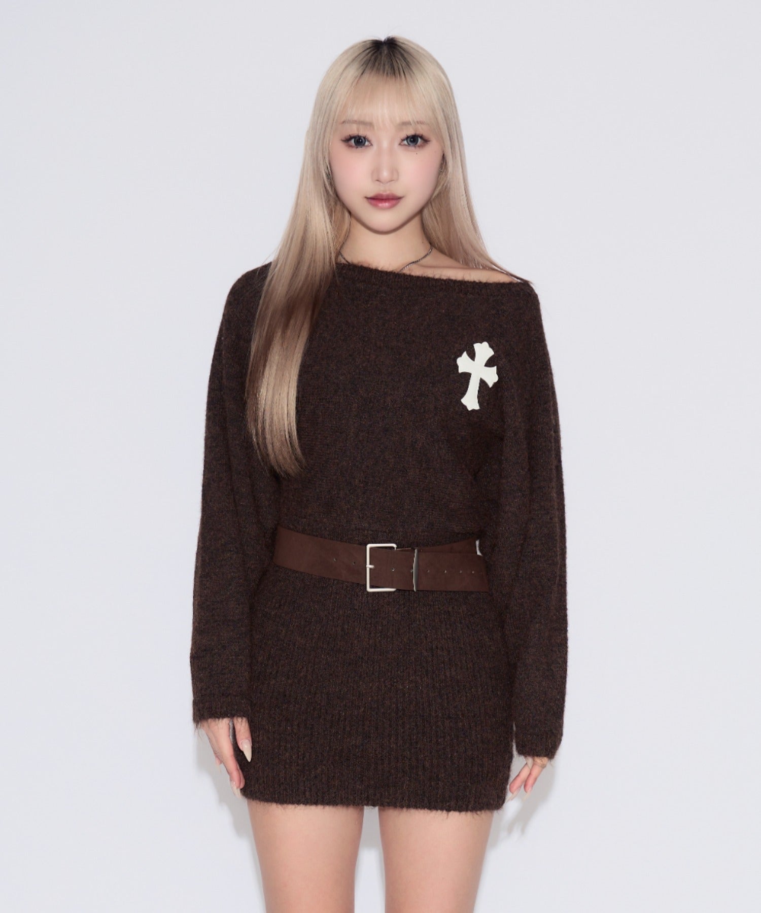 Waist Belt Cross Mini Knit Dress / ウエストベルトクロスミニワンピース