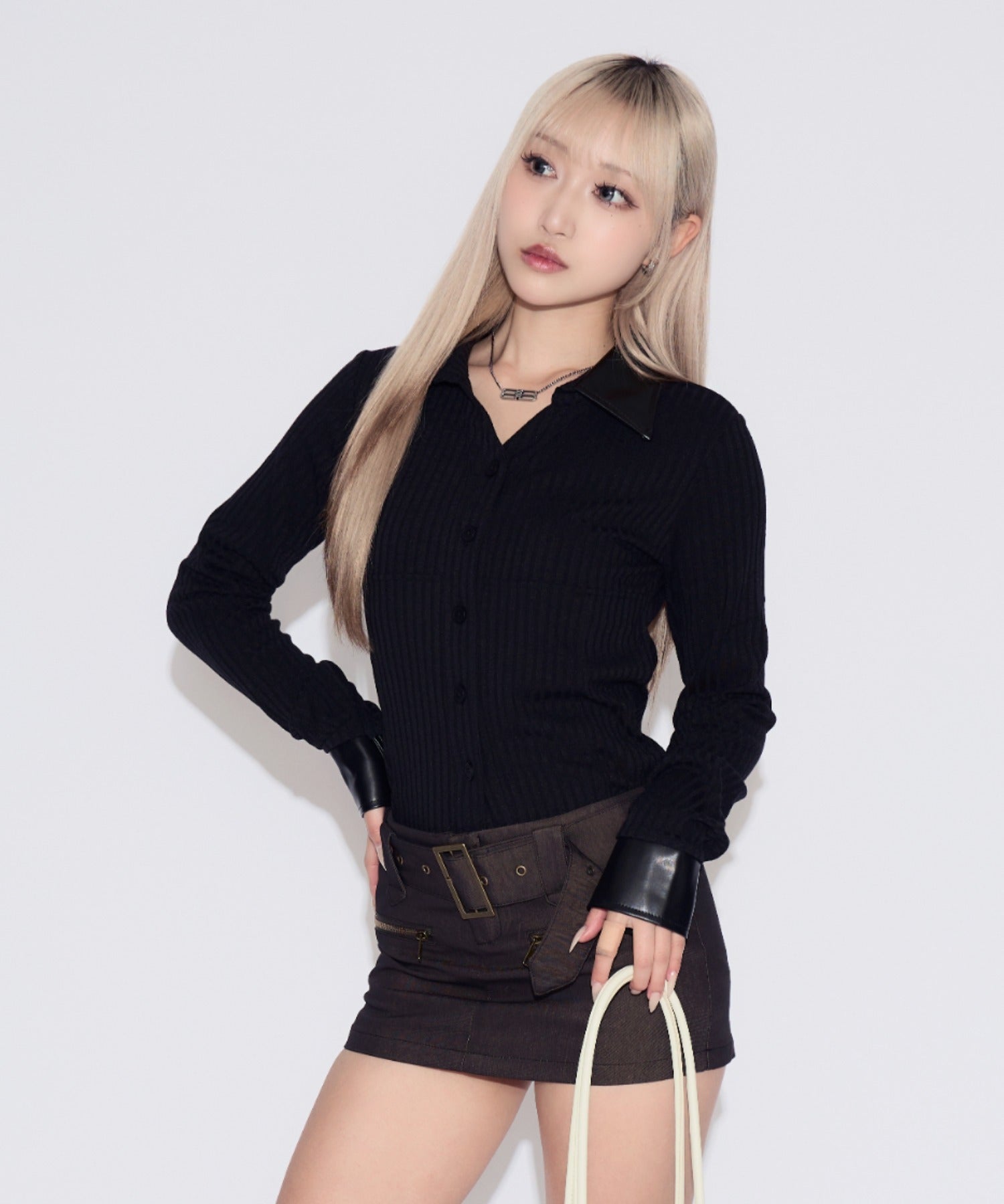 Faux Leather Polo Rib Cardigan / フェイクレザー ポロリブカーディガン