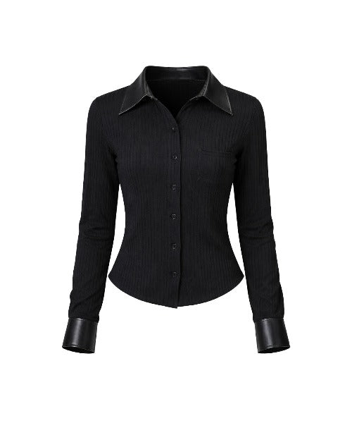 Faux Leather Polo Rib Cardigan / フェイクレザー ポロリブカーディガン