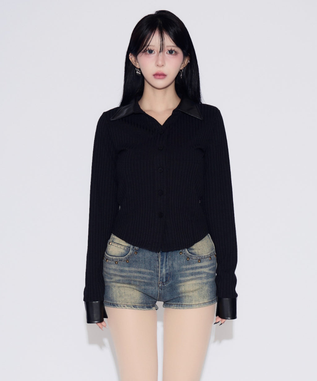Faux Leather Polo Rib Cardigan / フェイクレザー ポロリブカーディガン