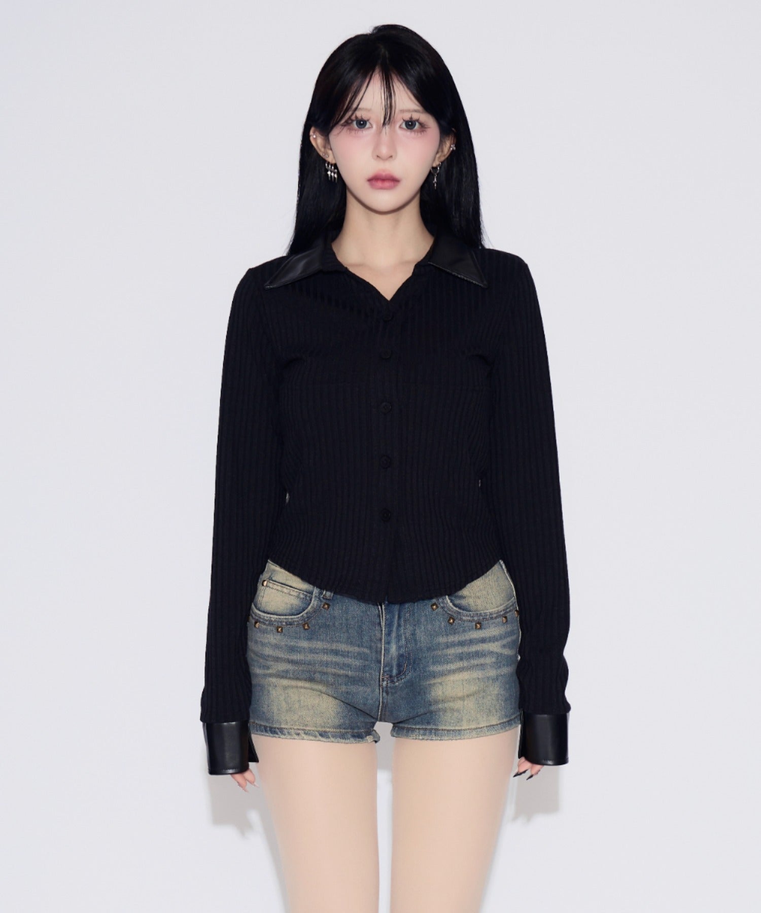Faux Leather Polo Rib Cardigan / フェイクレザー ポロリブカーディガン