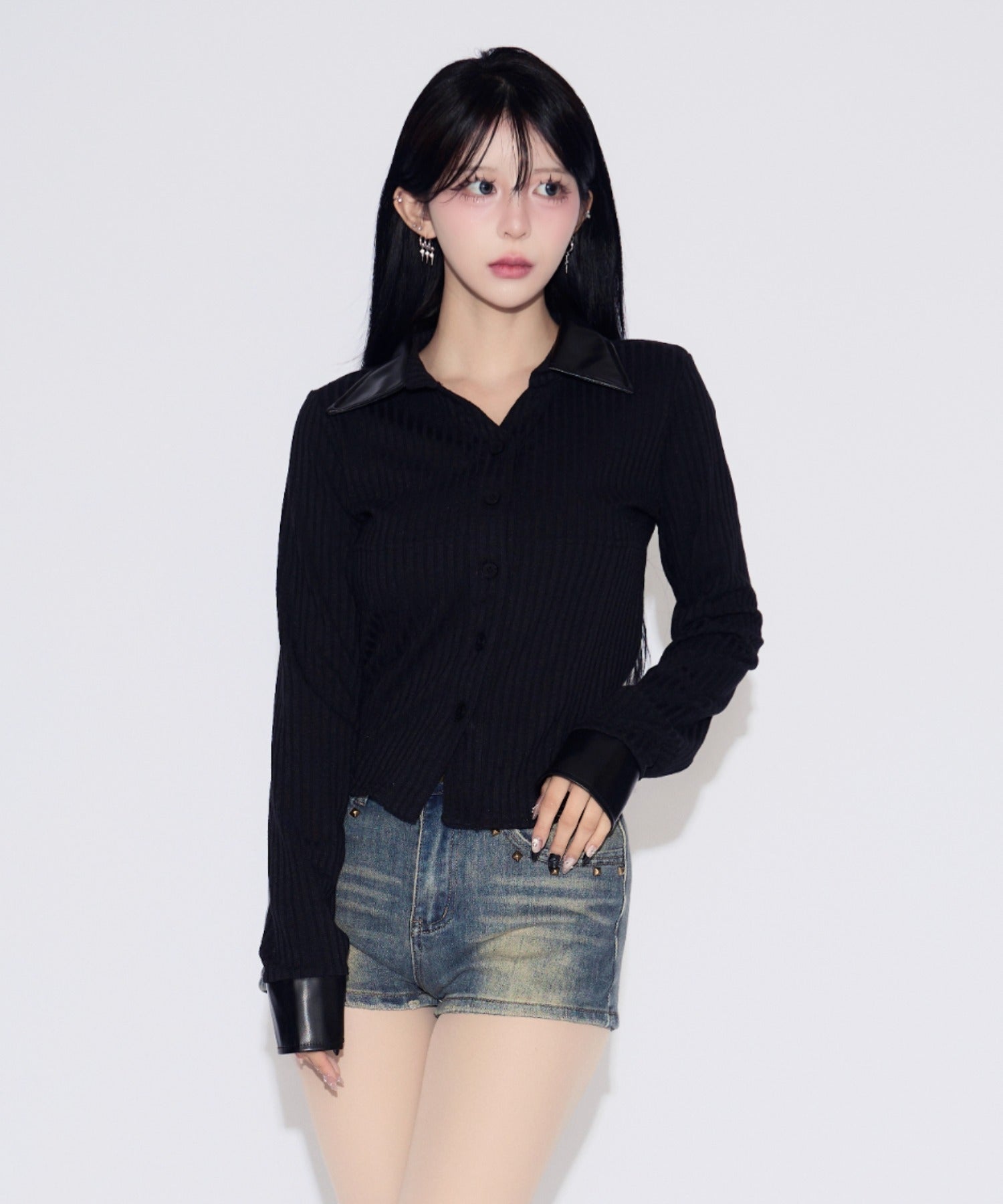 Faux Leather Polo Rib Cardigan / フェイクレザー ポロリブカーディガン