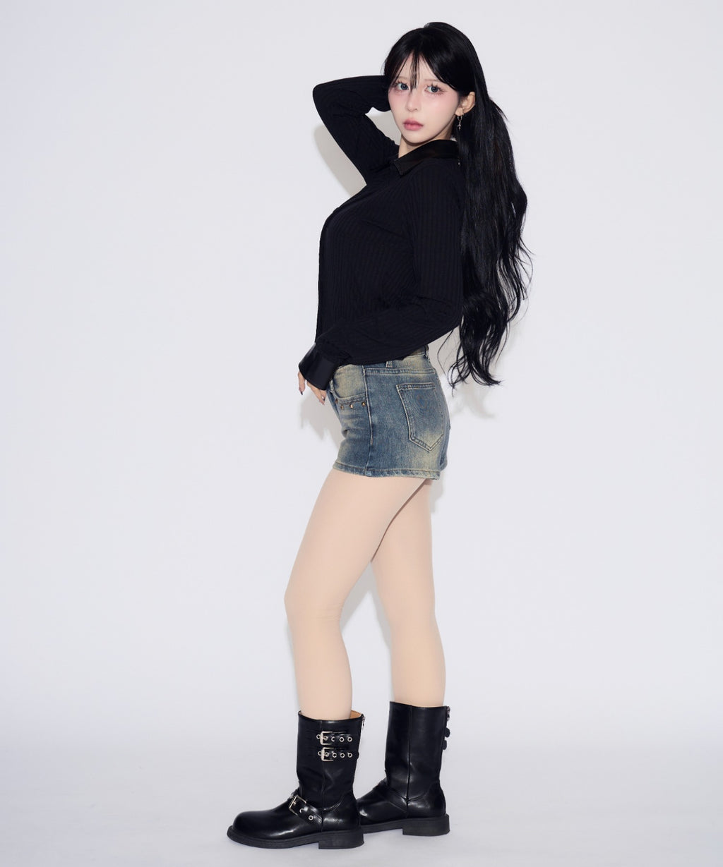 Faux Leather Polo Rib Cardigan / フェイクレザー ポロリブカーディガン