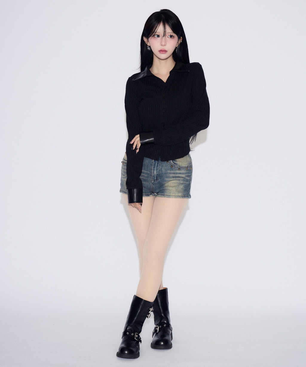 Faux Leather Polo Rib Cardigan / フェイクレザー ポロリブカーディガン