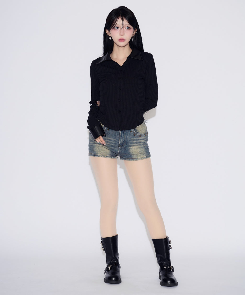 Faux Leather Polo Rib Cardigan / フェイクレザー ポロリブカーディガン