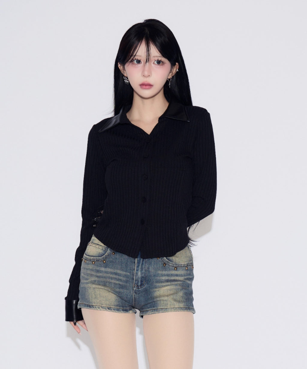 Faux Leather Polo Rib Cardigan / フェイクレザー ポロリブカーディガン