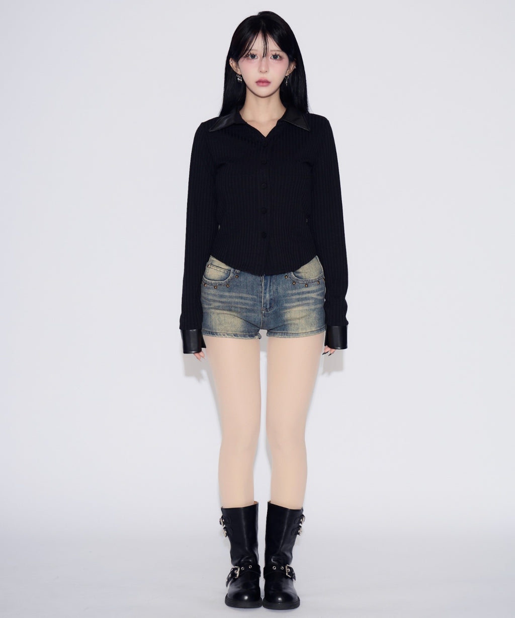 Faux Leather Polo Rib Cardigan / フェイクレザー ポロリブカーディガン