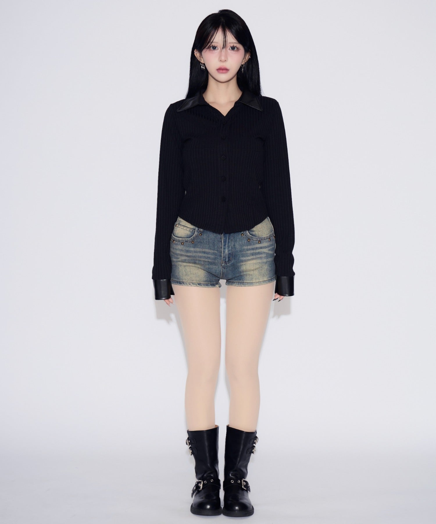 Faux Leather Polo Rib Cardigan / フェイクレザー ポロリブカーディガン
