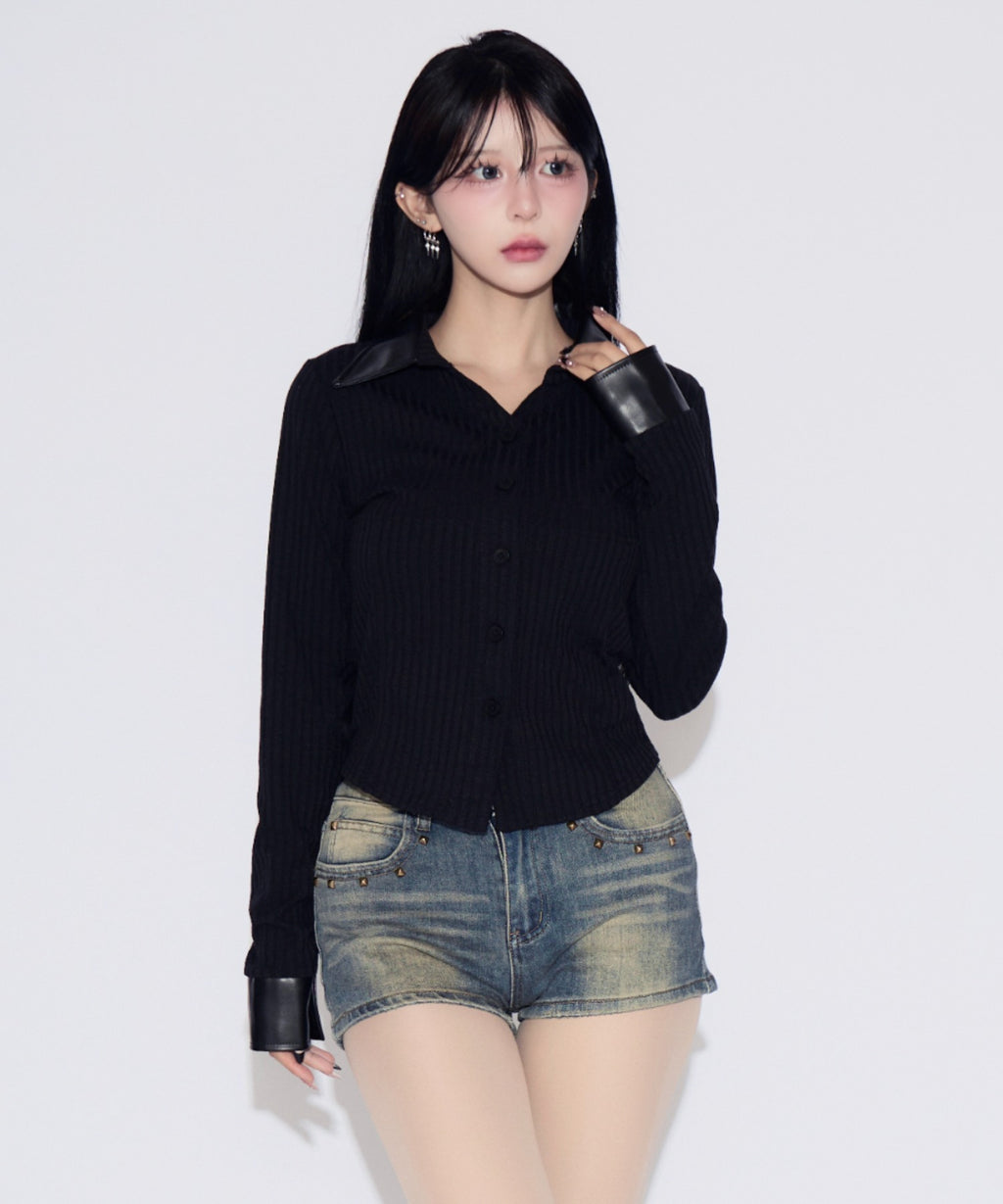 Faux Leather Polo Rib Cardigan / フェイクレザー ポロリブカーディガン