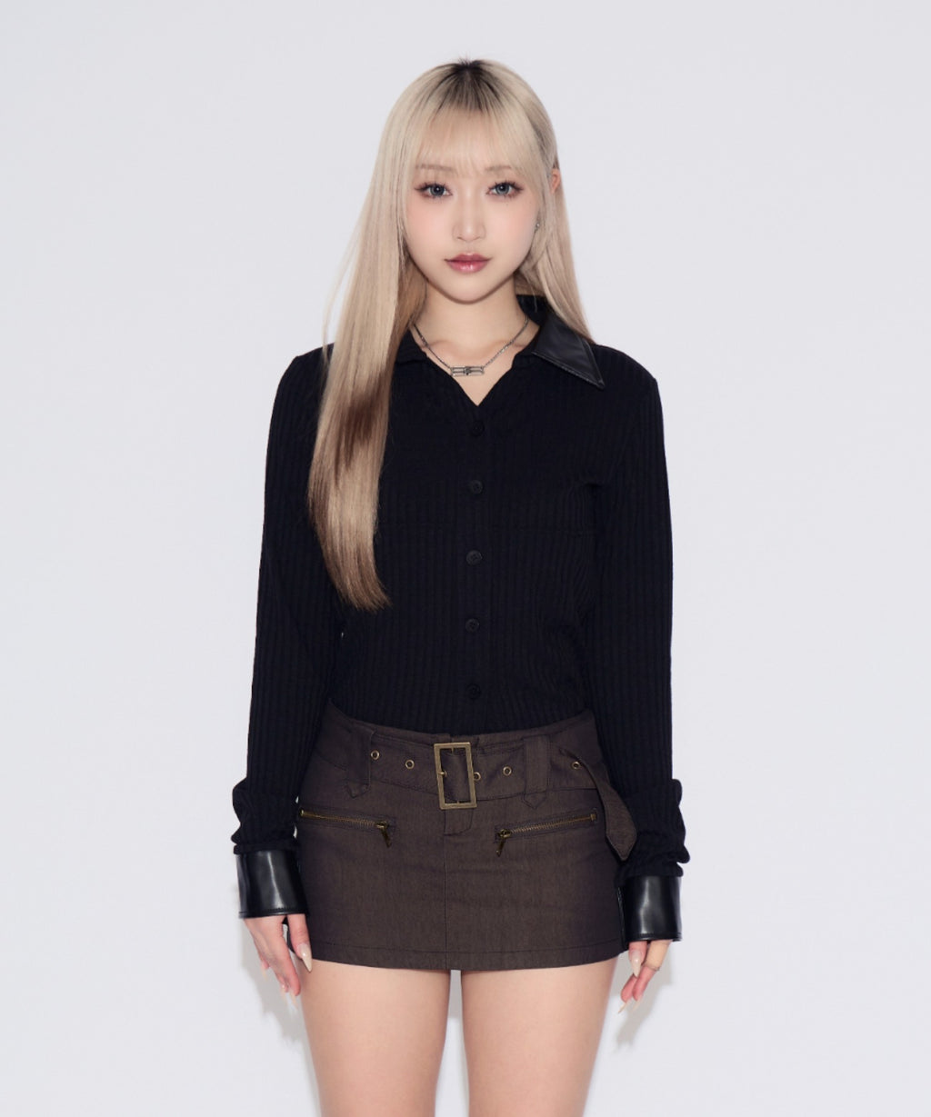 Faux Leather Polo Rib Cardigan / フェイクレザー ポロリブカーディガン
