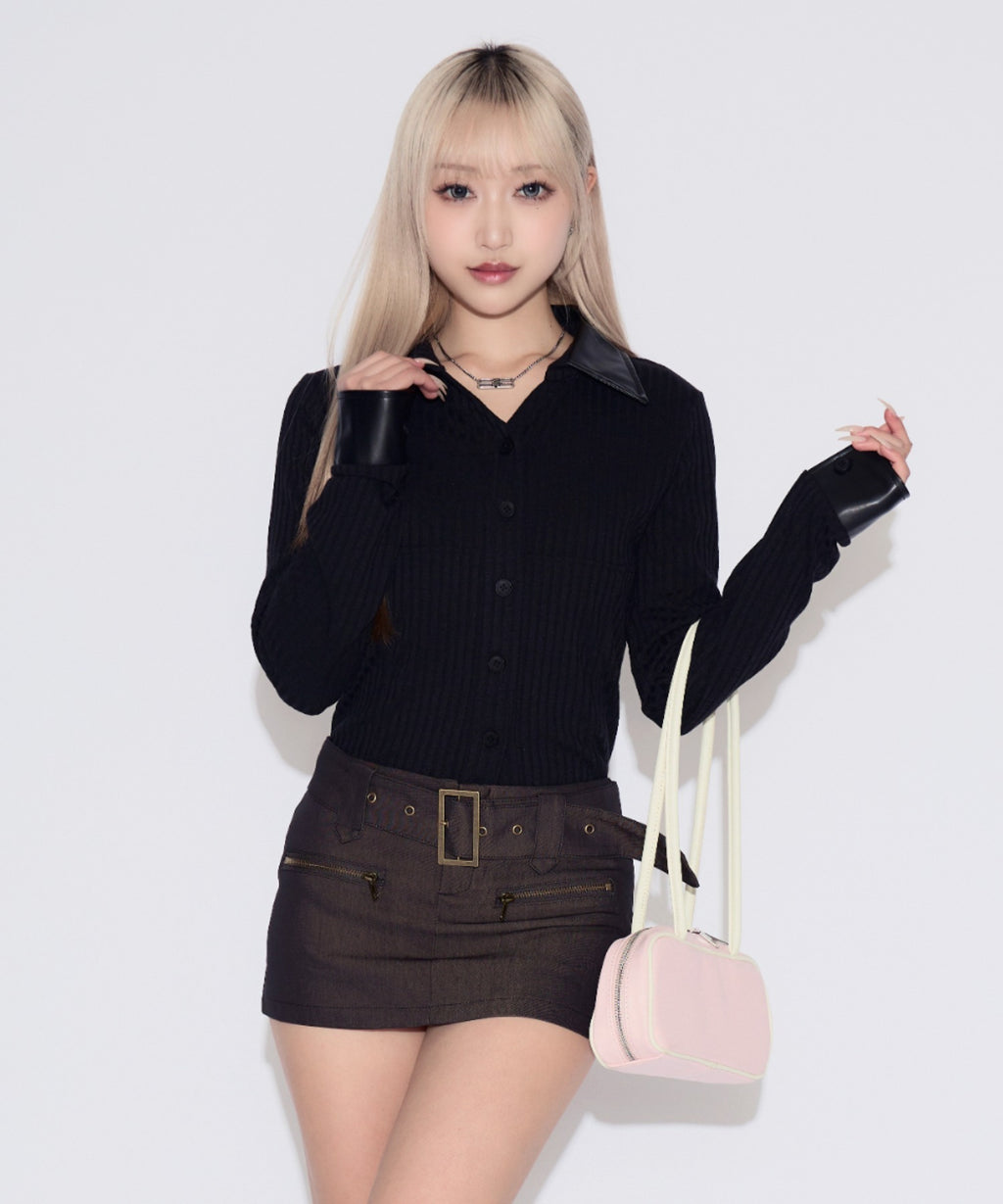 Faux Leather Polo Rib Cardigan / フェイクレザー ポロリブカーディガン
