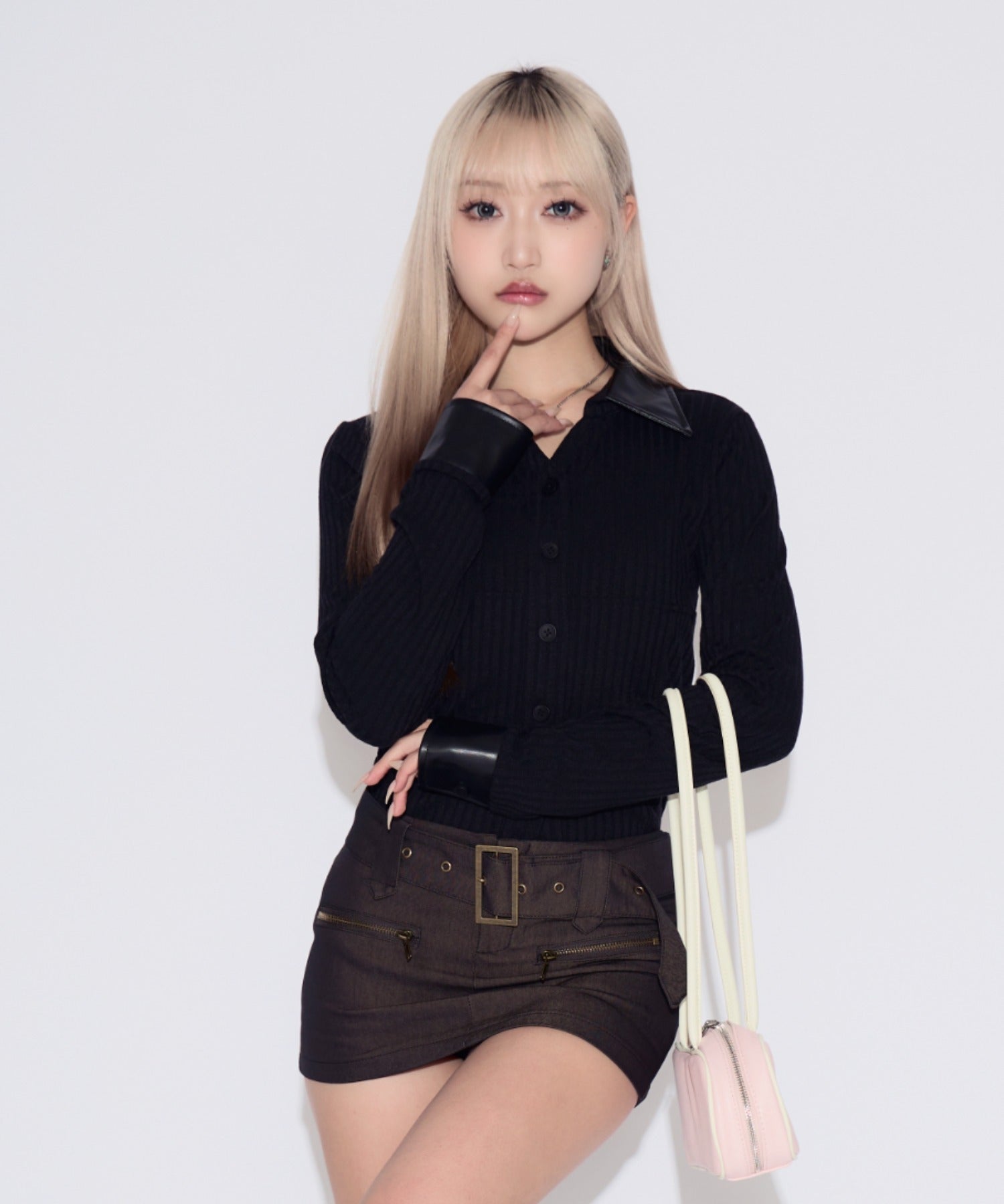 Faux Leather Polo Rib Cardigan / フェイクレザー ポロリブカーディガン