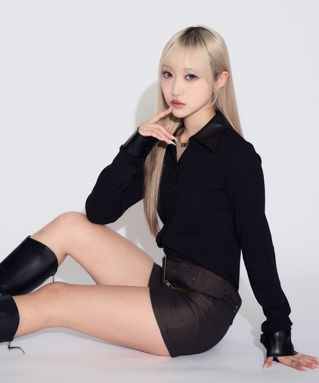 Faux Leather Polo Rib Cardigan / フェイクレザー ポロリブカーディガン