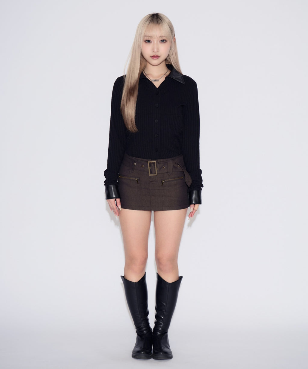 Faux Leather Polo Rib Cardigan / フェイクレザー ポロリブカーディガン
