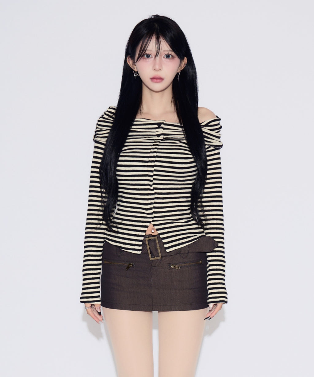 Off-shoulder Striped Slit Tops / オフショルダーストライプスリットトップス