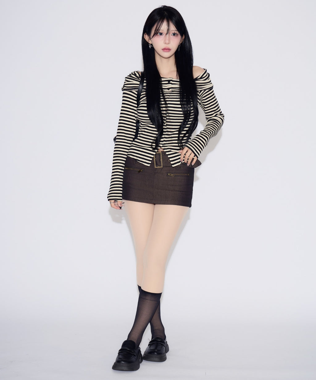 Off-shoulder Striped Slit Tops / オフショルダーストライプスリットトップス