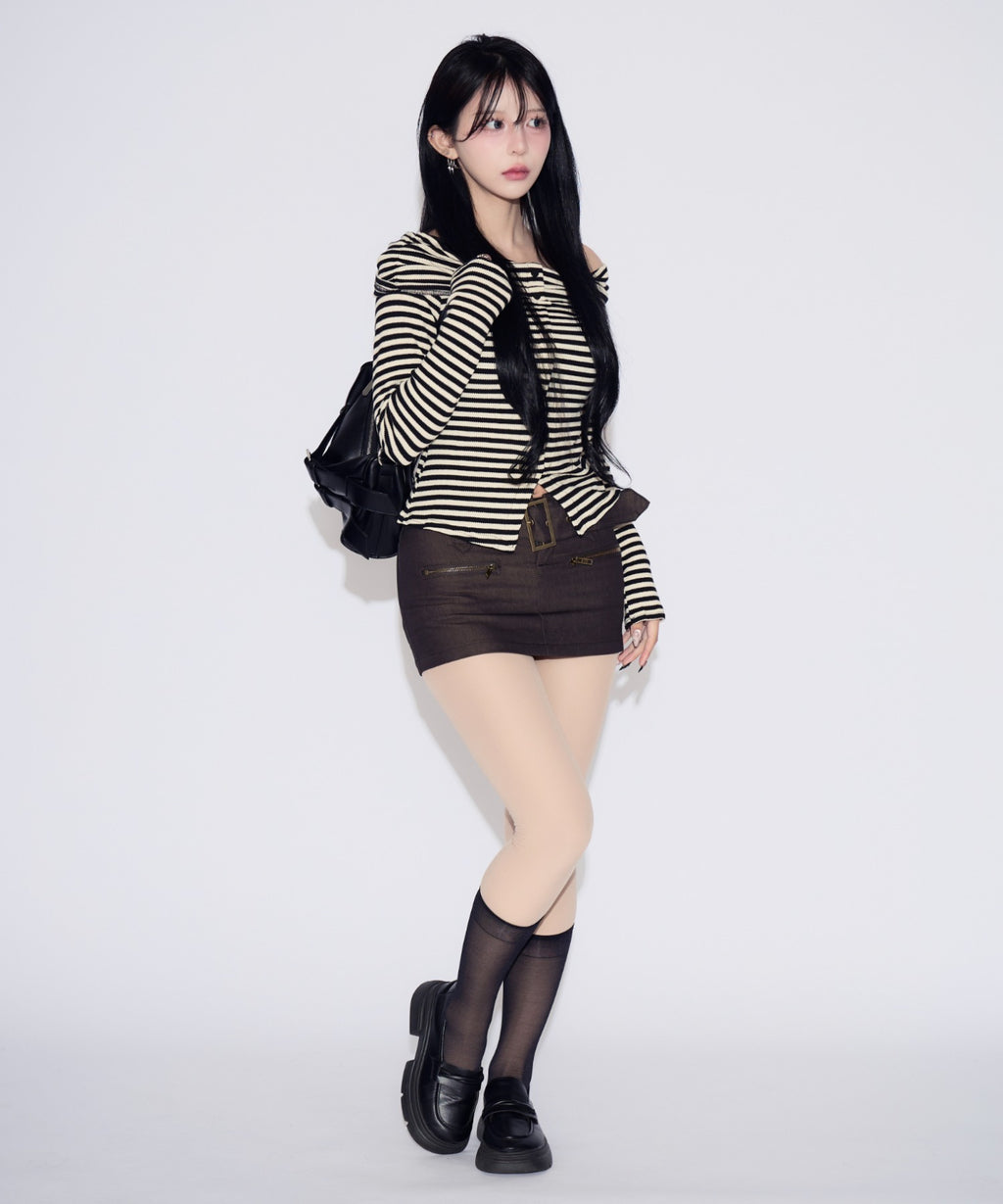 Off-shoulder Striped Slit Tops / オフショルダーストライプスリットトップス