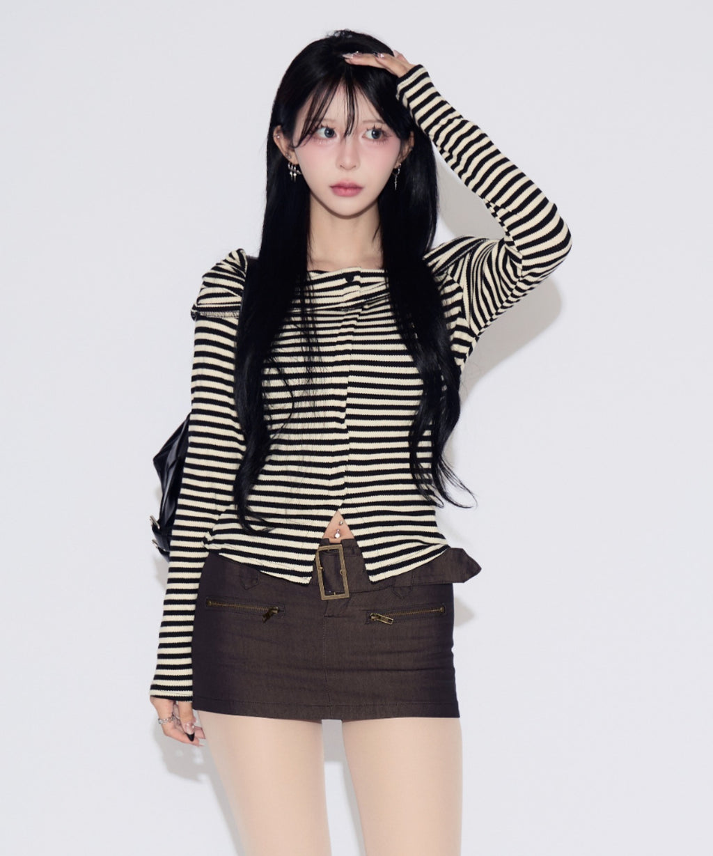 Off-shoulder Striped Slit Tops / オフショルダーストライプスリットトップス