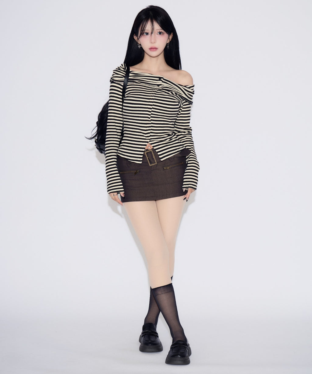 Off-shoulder Striped Slit Tops / オフショルダーストライプスリットトップス