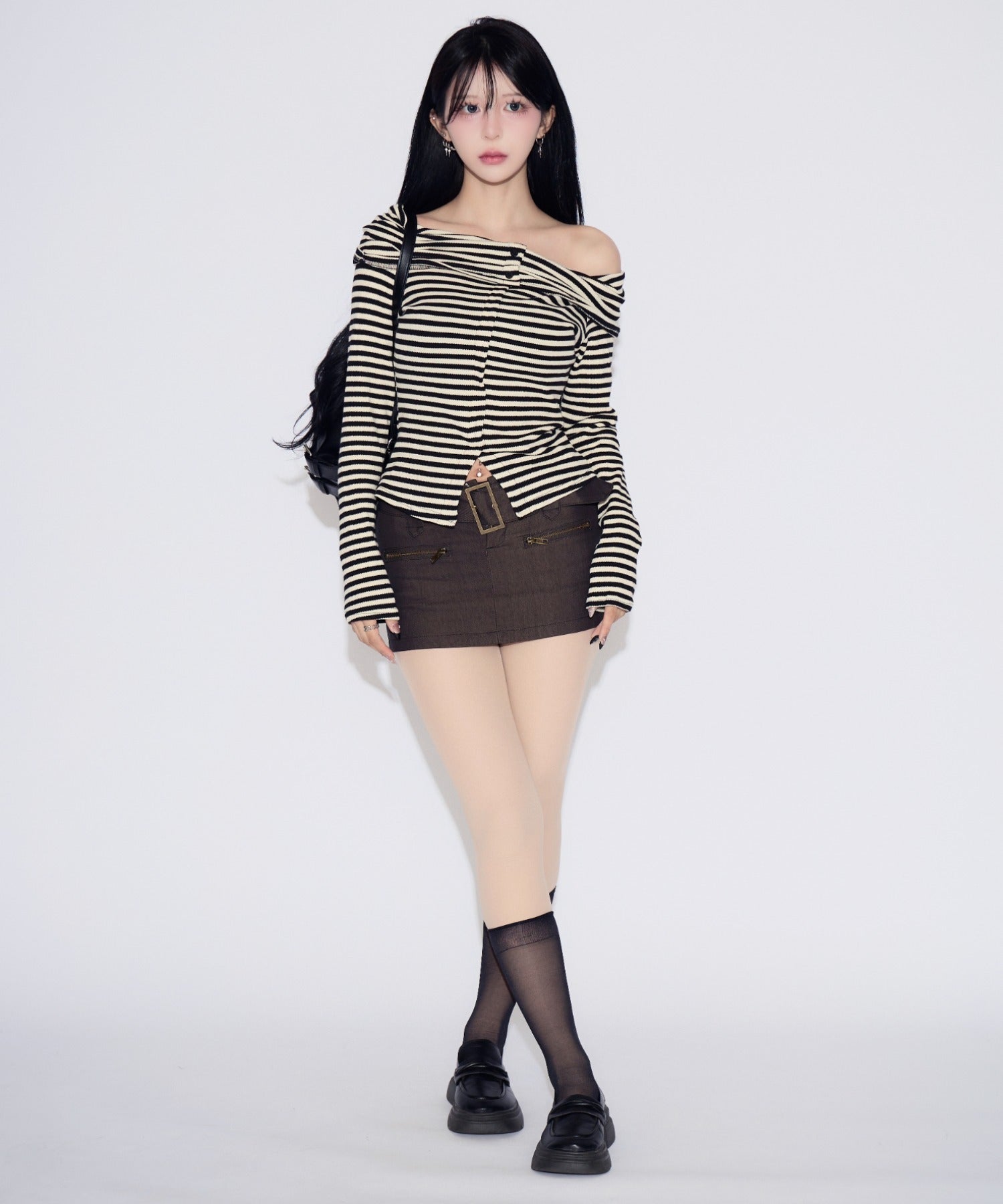 Off-shoulder Striped Slit Tops / オフショルダーストライプスリットトップス