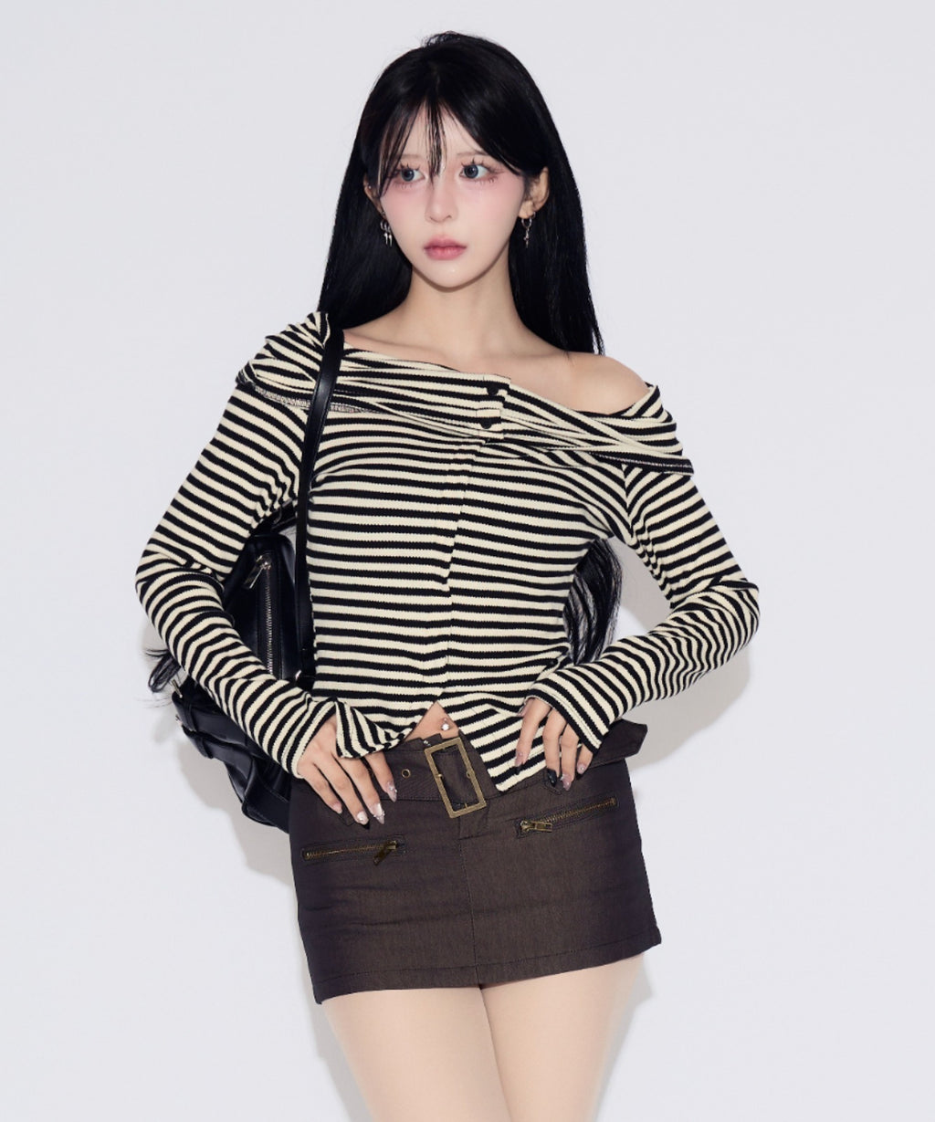 Off-shoulder Striped Slit Tops / オフショルダーストライプスリットトップス