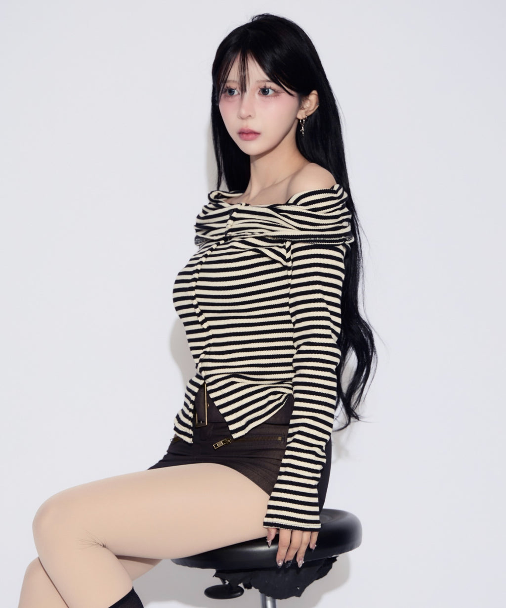Off-shoulder Striped Slit Tops / オフショルダーストライプスリットトップス