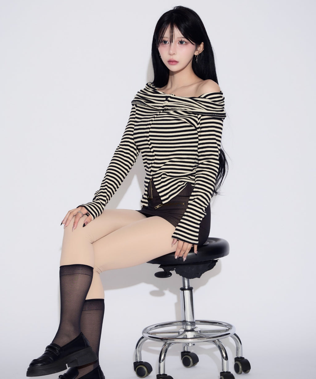 Off-shoulder Striped Slit Tops / オフショルダーストライプスリットトップス