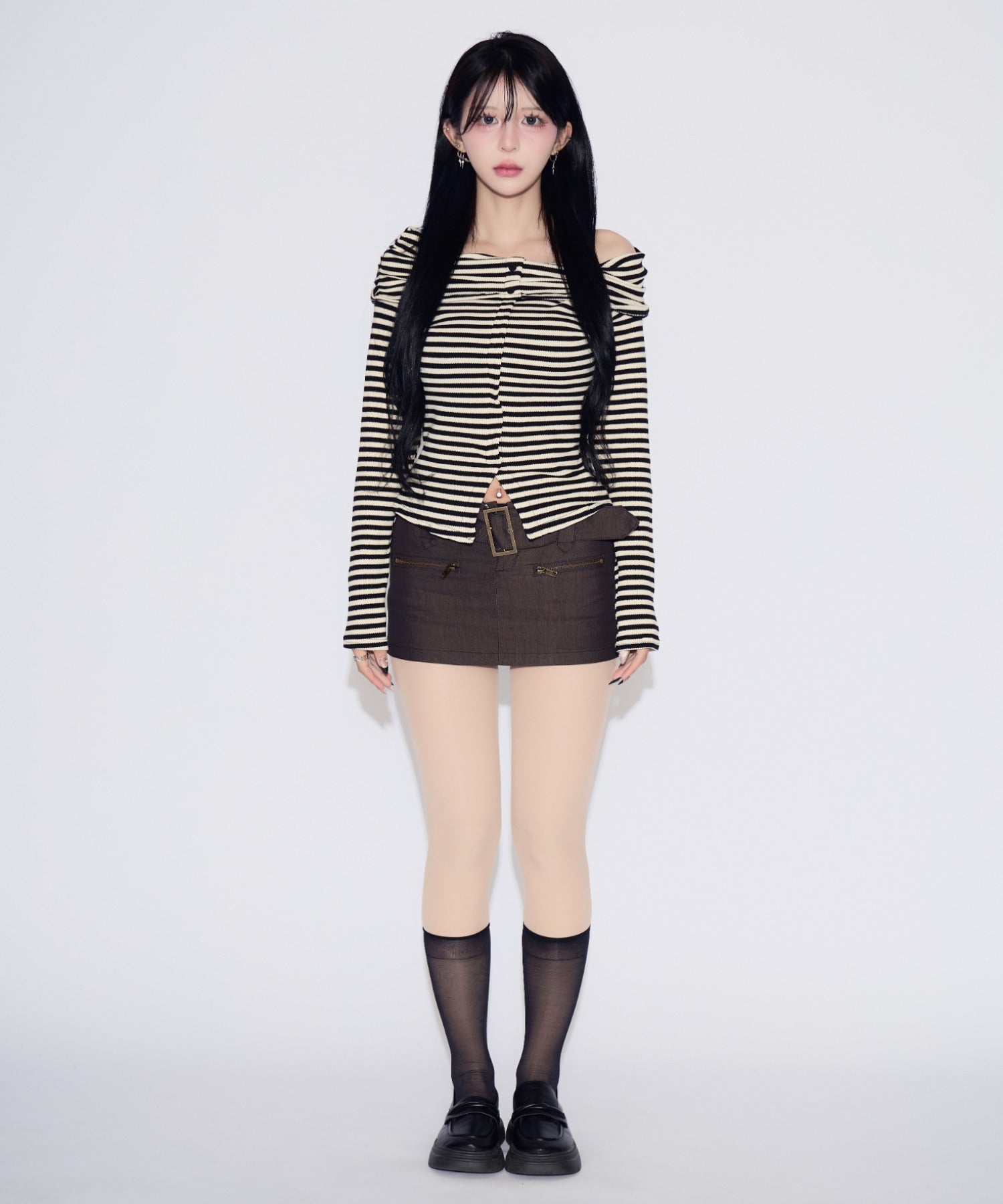 Off-shoulder Striped Slit Tops / オフショルダーストライプスリットトップス