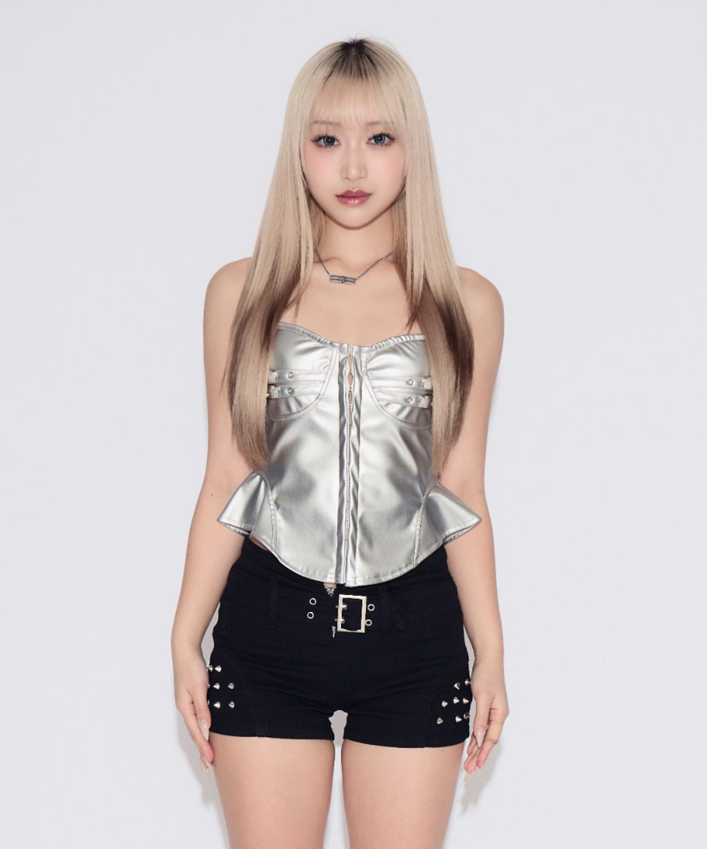 Belted Faux Leather Tube Top / ベルト付きフェイクレザーチューブトップ カップ付