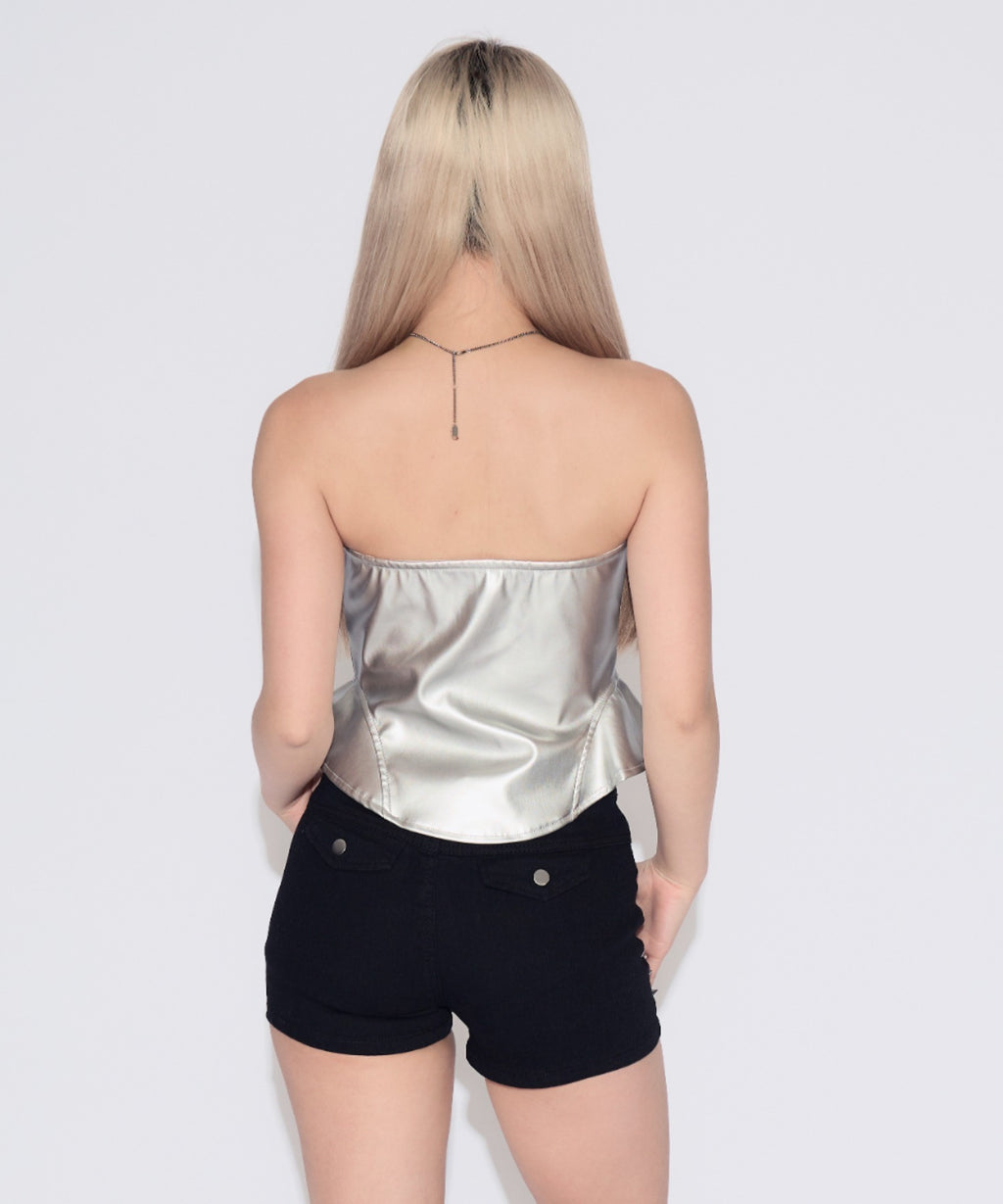 Belted Faux Leather Tube Top / ベルト付きフェイクレザーチューブトップ カップ付