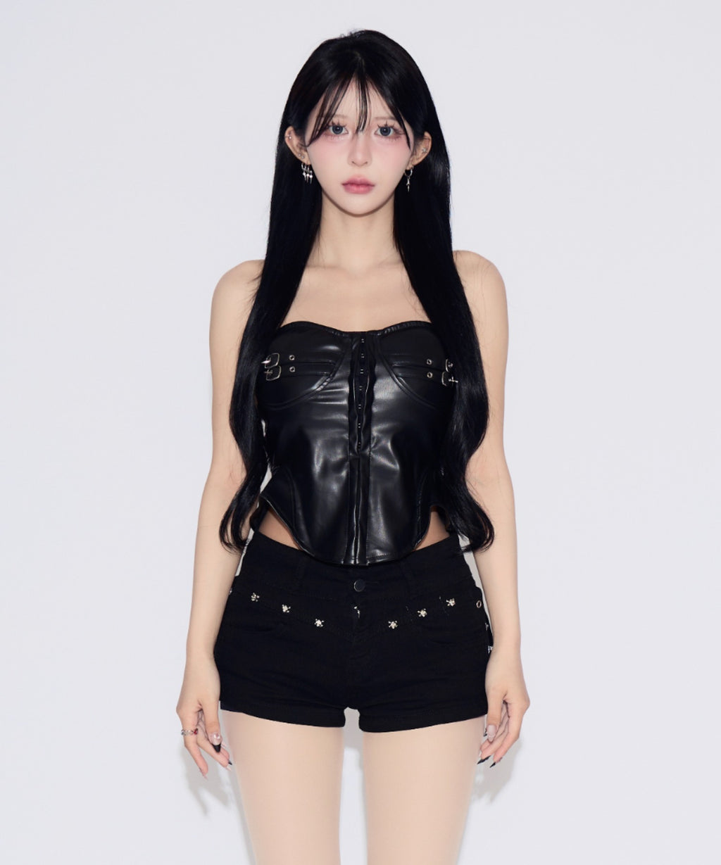 Belted Faux Leather Tube Top / ベルト付きフェイクレザーチューブトップ カップ付