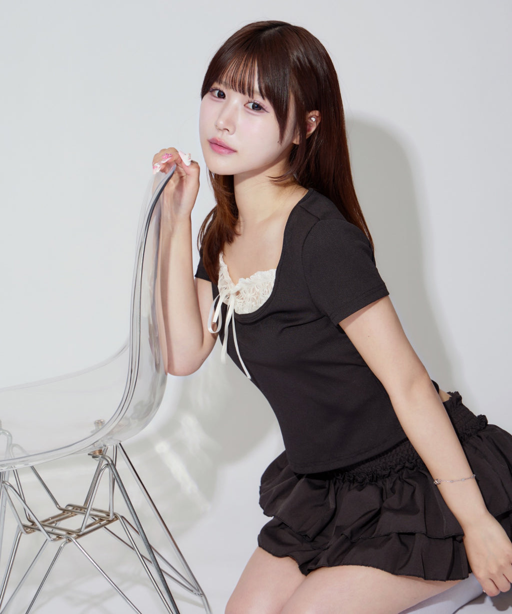 Square Neck Ruffle Ribbon Tops / スクエアネックフリルリボントップス