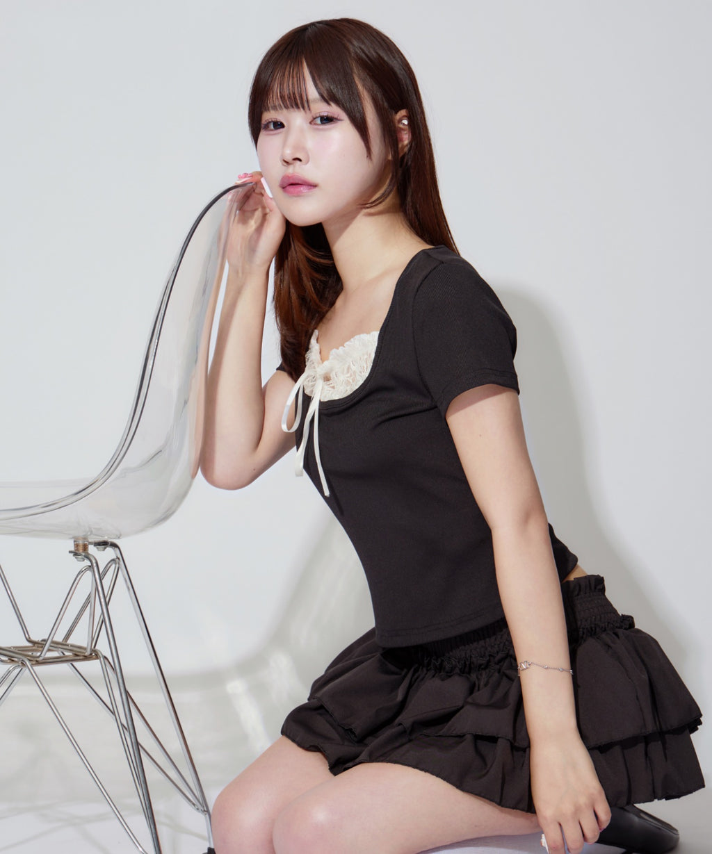 Square Neck Ruffle Ribbon Tops / スクエアネックフリルリボントップス