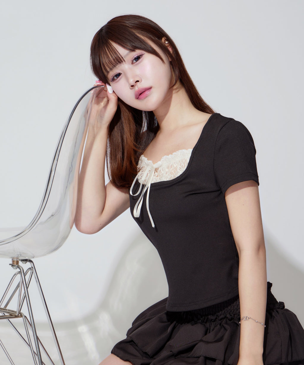 Square Neck Ruffle Ribbon Tops / スクエアネックフリルリボントップス