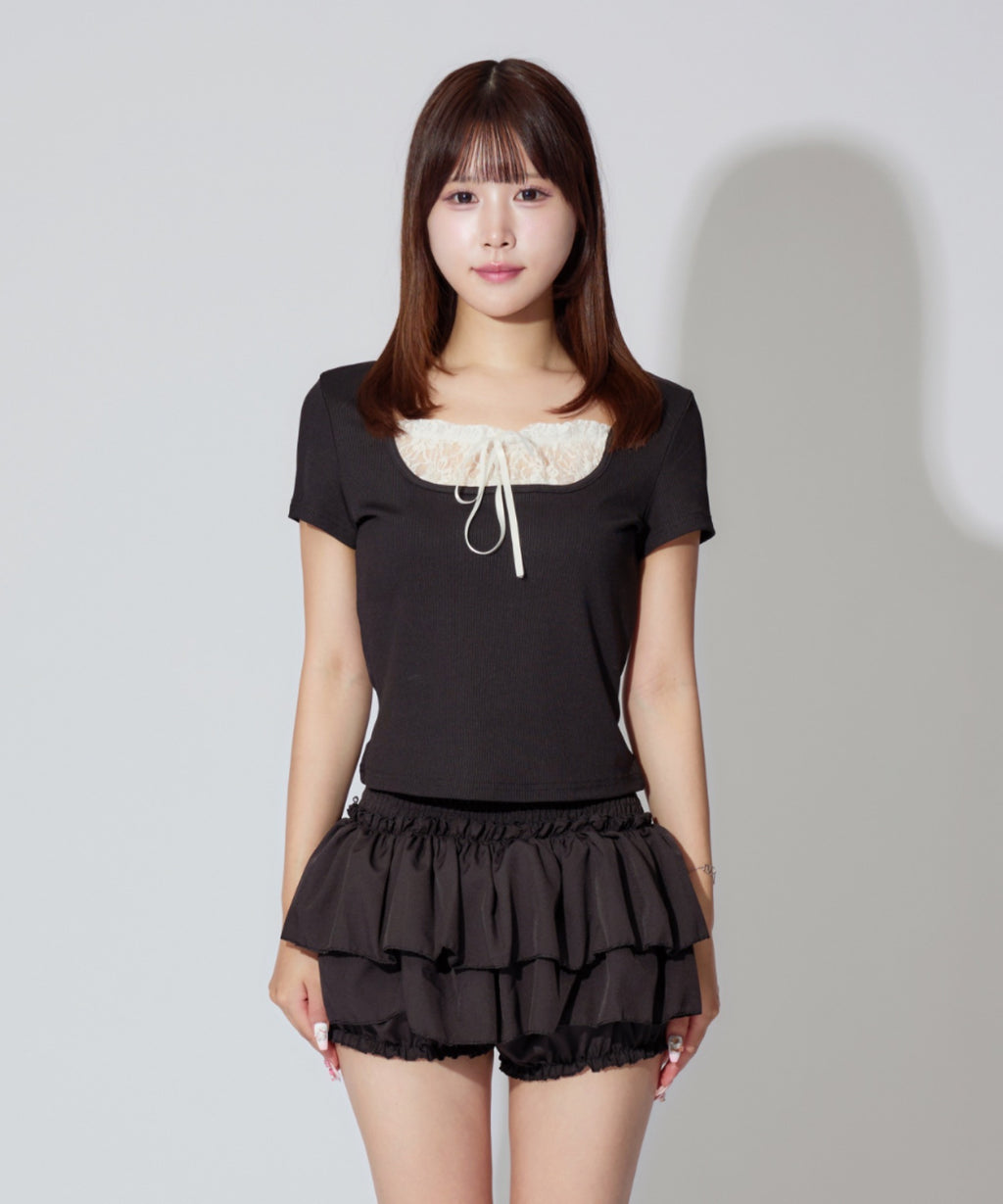 Square Neck Ruffle Ribbon Tops / スクエアネックフリルリボントップス
