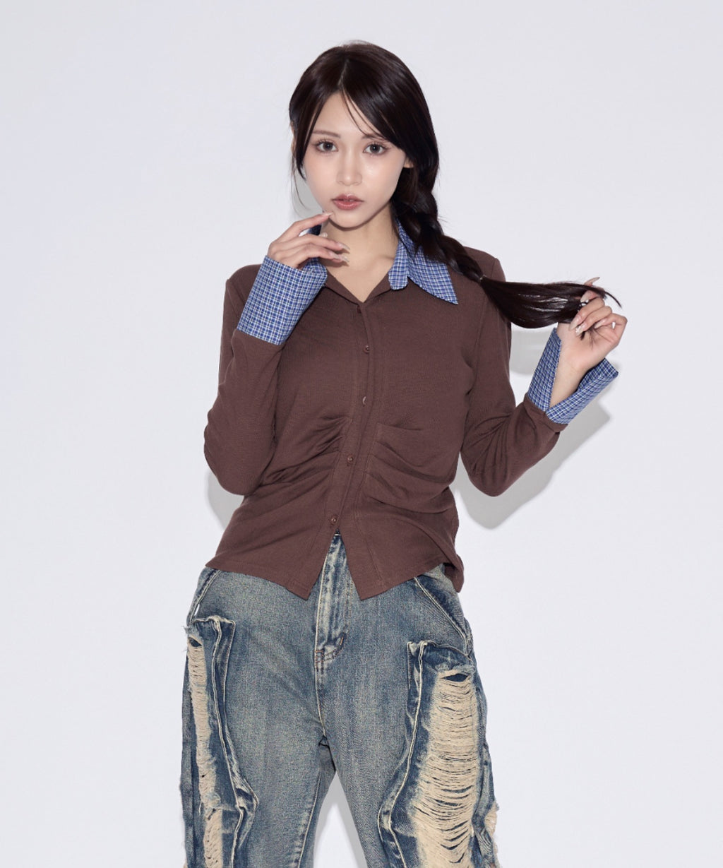 Ruched Striped Ribbed Cardigan / シャーリングストライプリブカーディガン