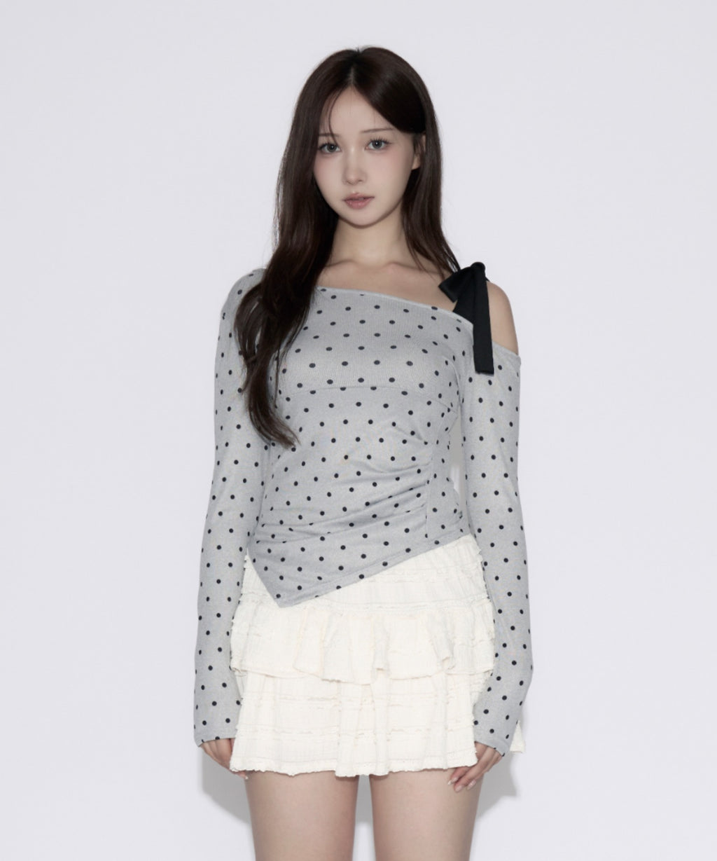 One-shoulder Ribbon Dot Tops / ワンショルダーリボンドットトップス