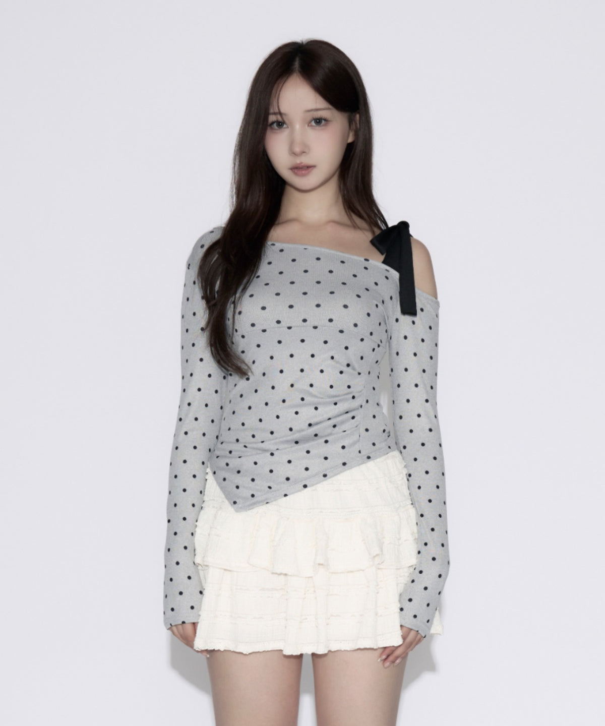 One-shoulder Ribbon Dot Tops / ワンショルダーリボンドットトップス