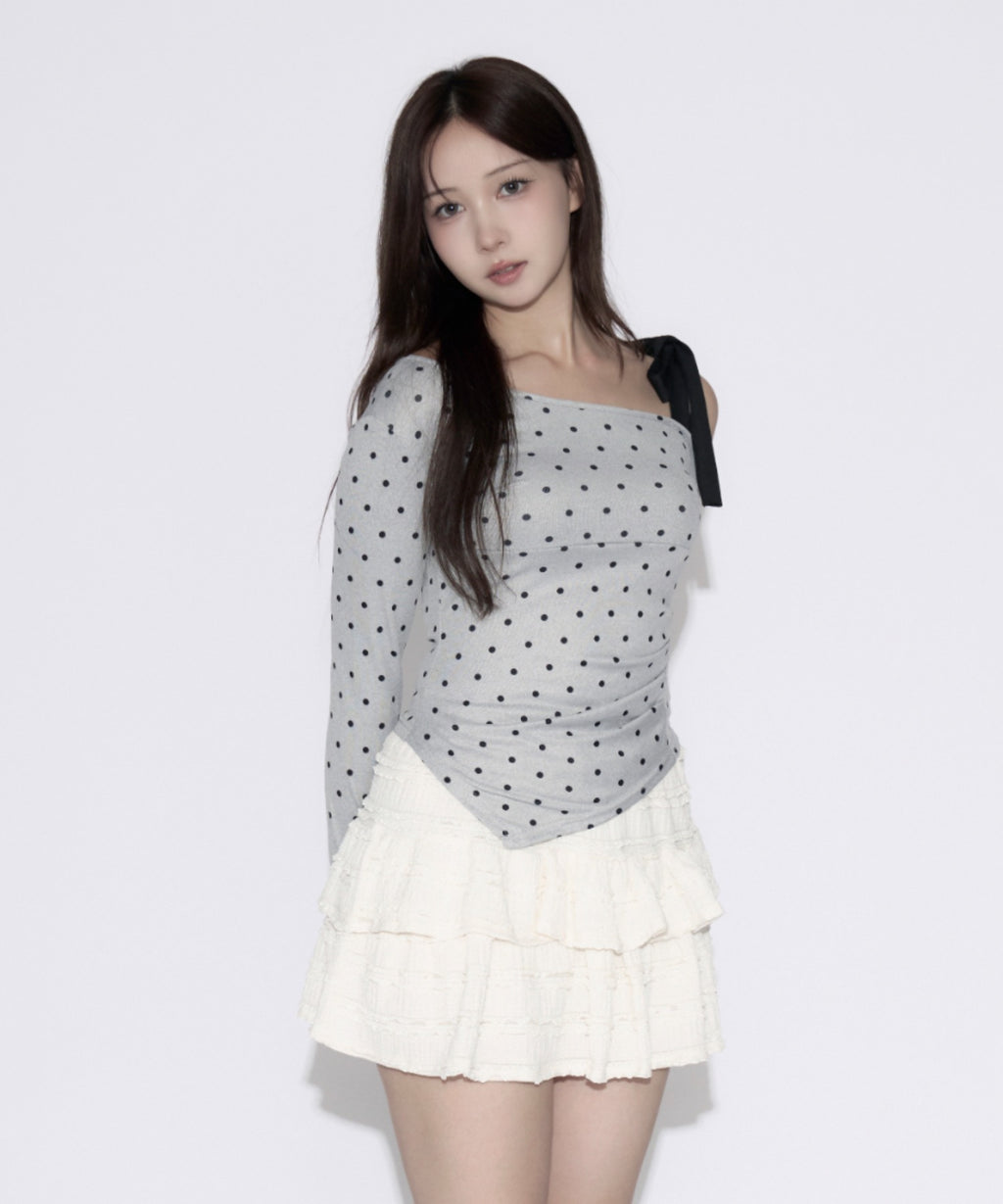 One-shoulder Ribbon Dot Tops / ワンショルダーリボンドットトップス