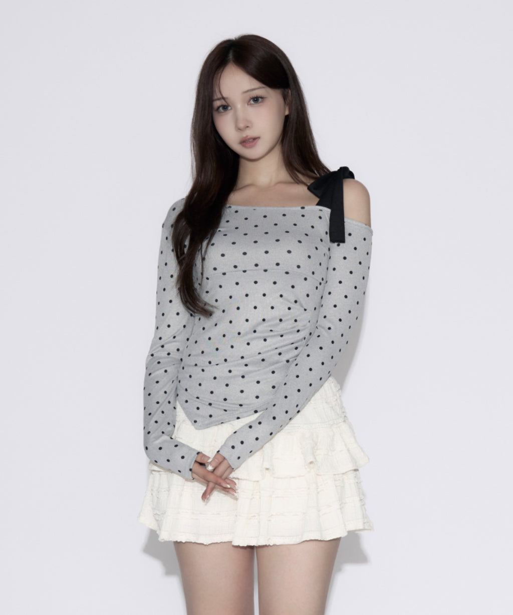 One-shoulder Ribbon Dot Tops / ワンショルダーリボンドットトップス