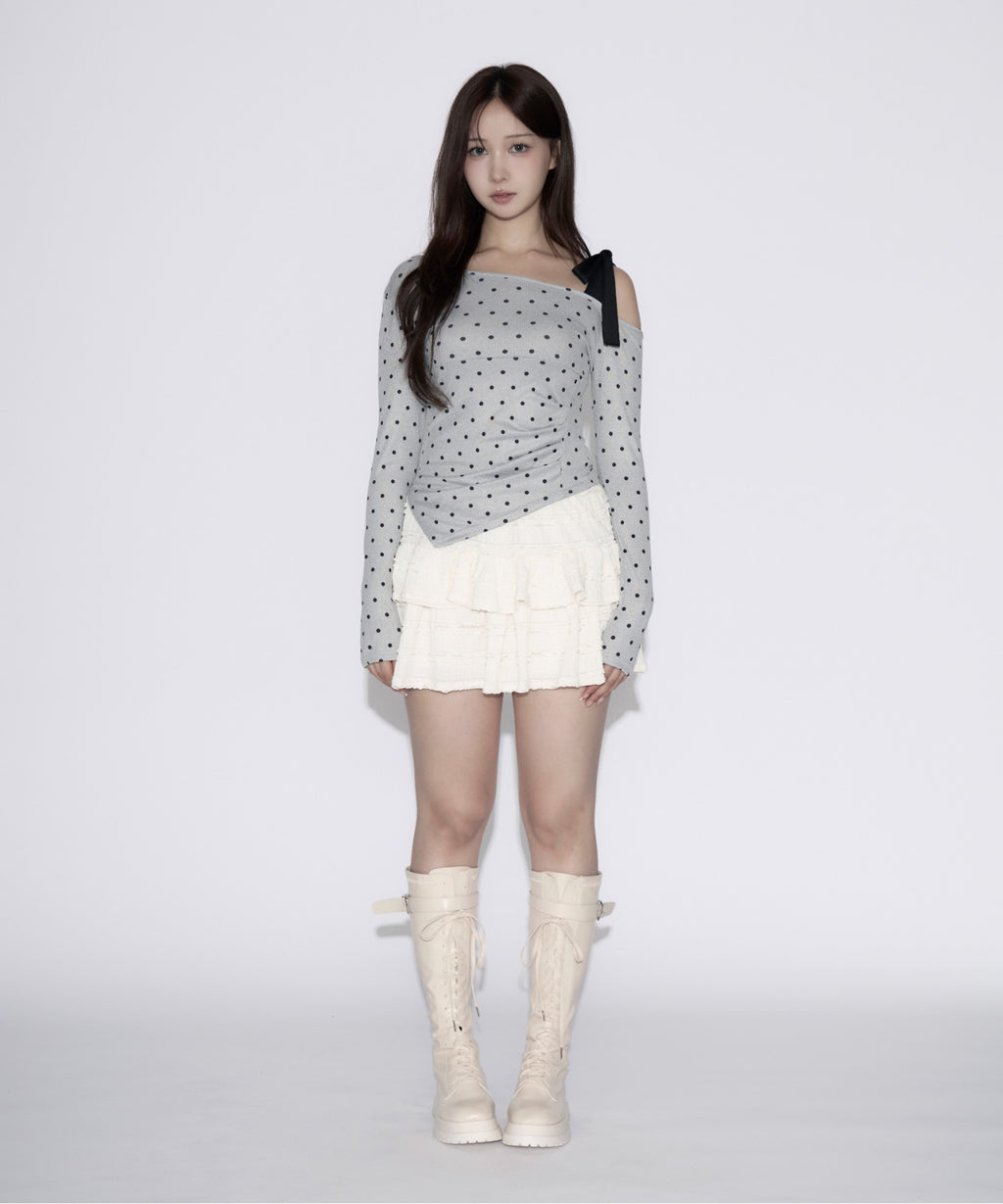 One-shoulder Ribbon Dot Tops / ワンショルダーリボンドットトップス