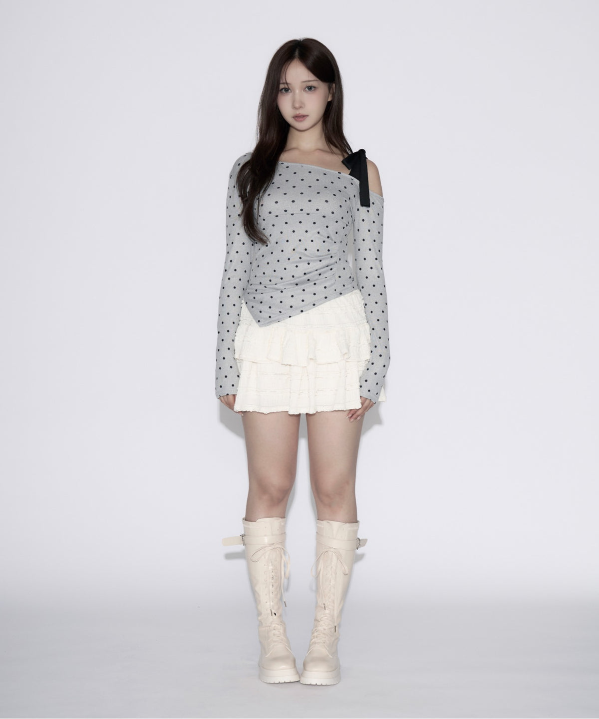 One-shoulder Ribbon Dot Tops / ワンショルダーリボンドットトップス