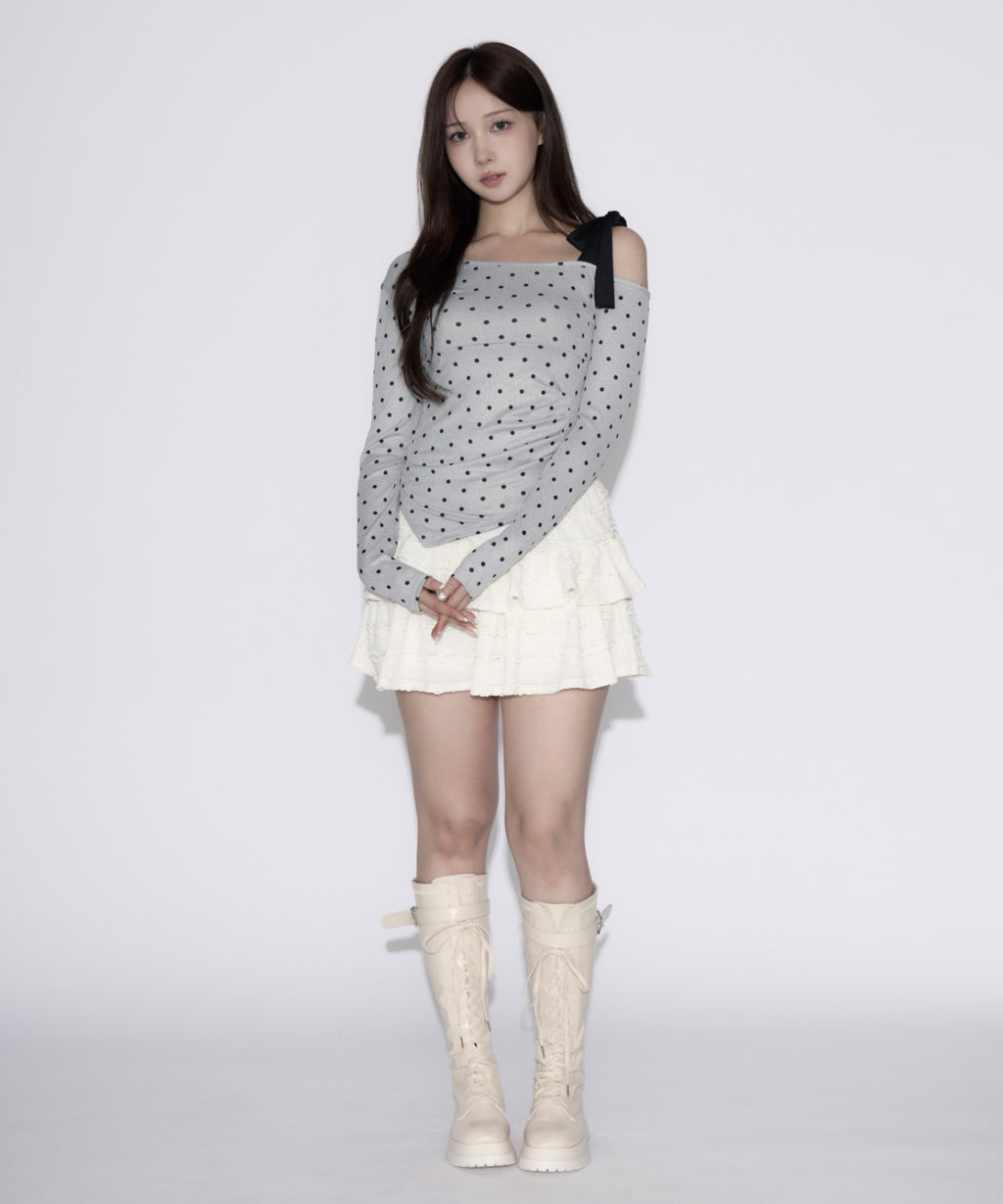 One-shoulder Ribbon Dot Tops / ワンショルダーリボンドットトップス
