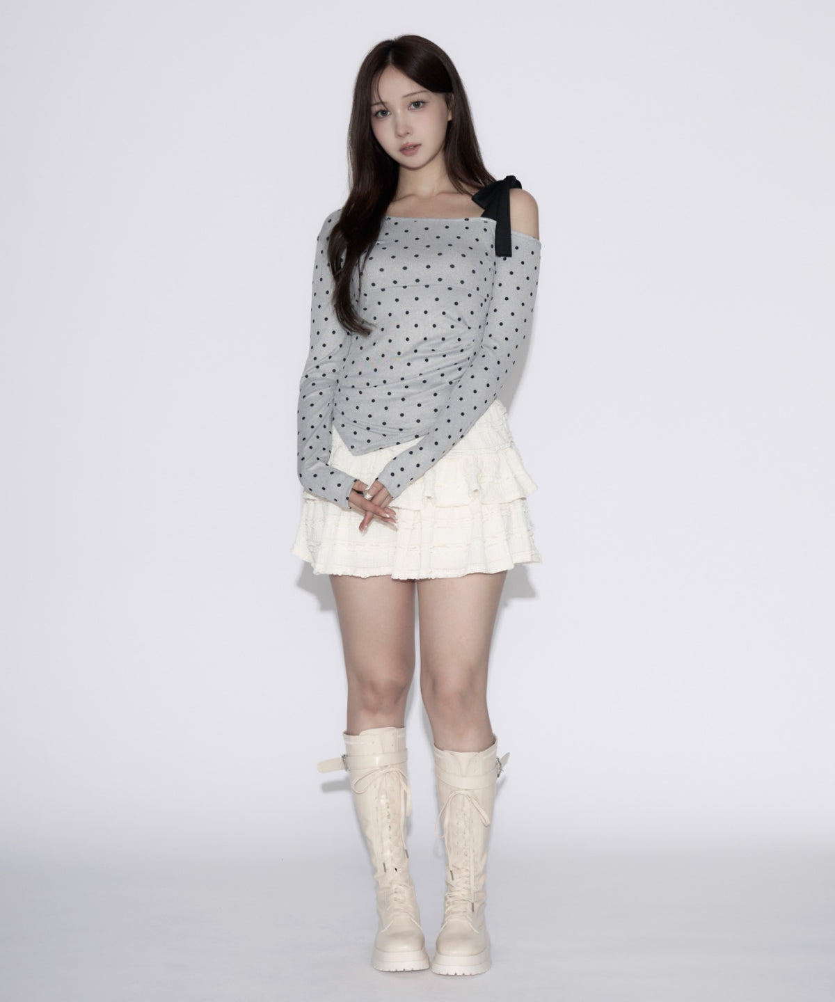 One-shoulder Ribbon Dot Tops / ワンショルダーリボンドットトップス