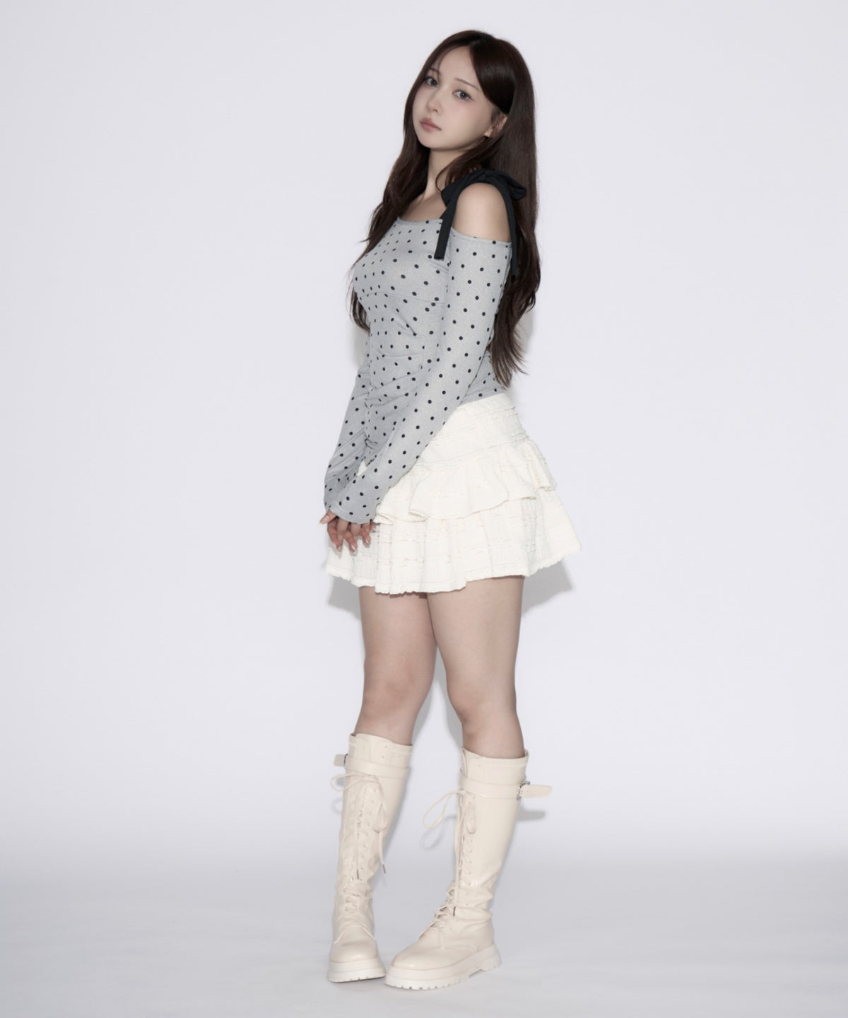 One-shoulder Ribbon Dot Tops / ワンショルダーリボンドットトップス