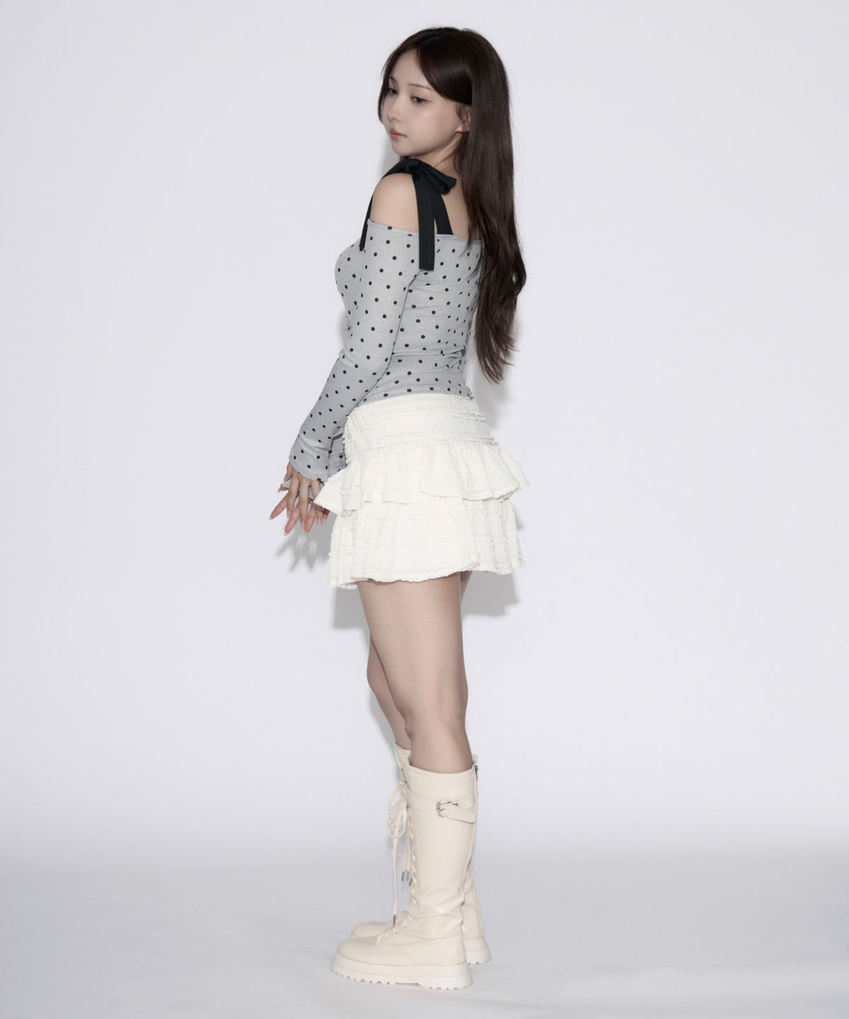 One-shoulder Ribbon Dot Tops / ワンショルダーリボンドットトップス