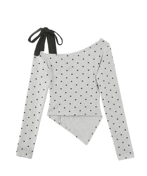 One-shoulder Ribbon Dot Tops / ワンショルダーリボンドットトップス